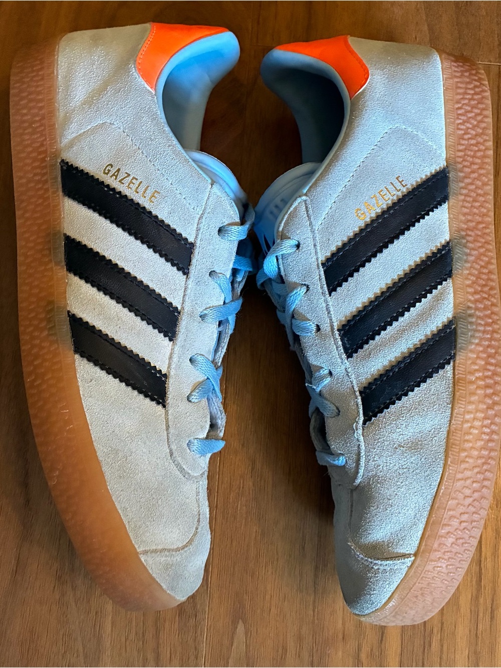 adidas Gazelle Light Blue Suede Sneakers with Black Stripes and Orange Heel
